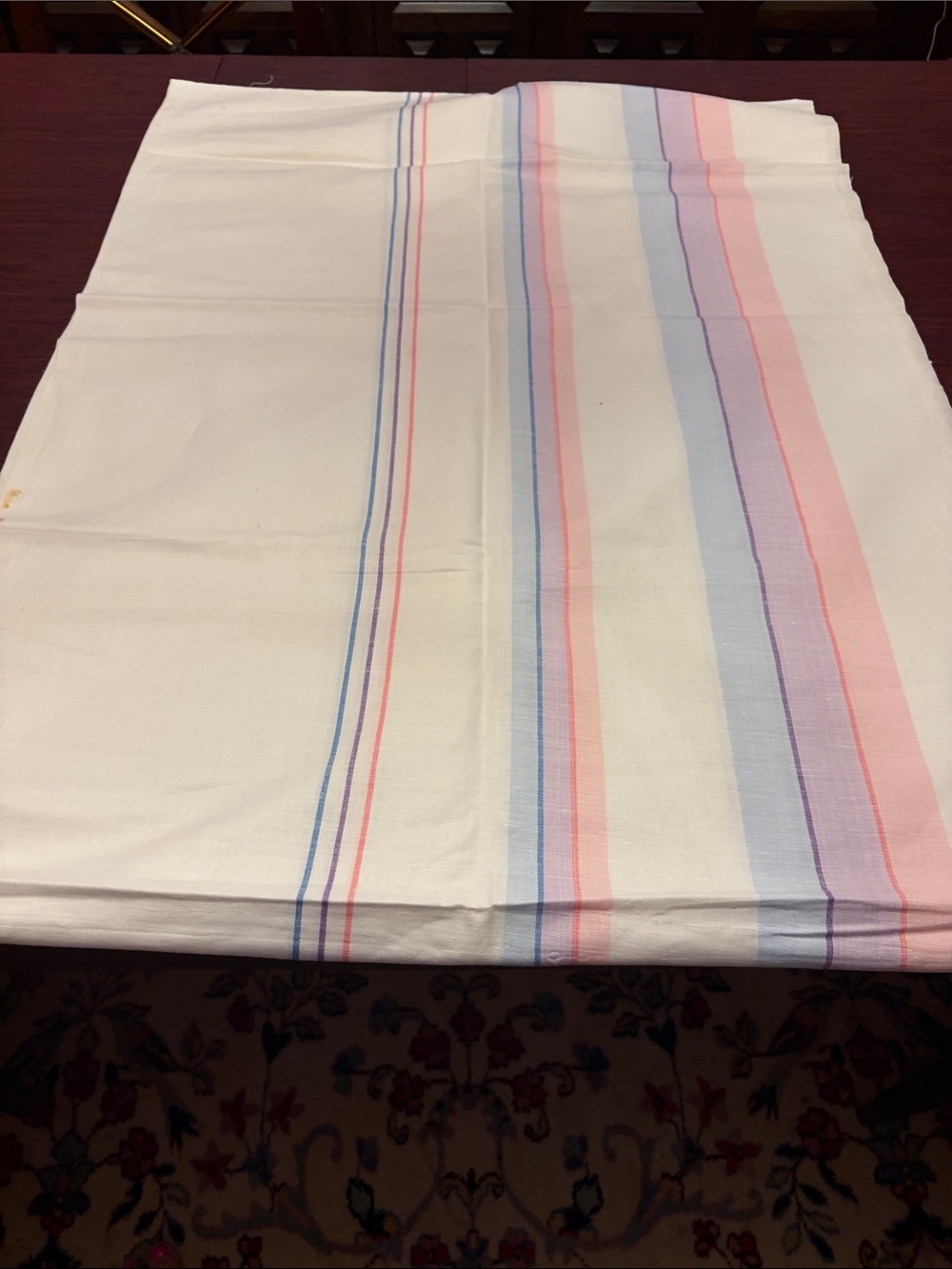 White fabric for Tablecloth w Pastel Pink, Blue and Purple Stripes approx 82x60